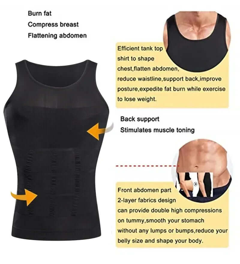 Men’s Slimming Compression Vest Black tank top with text describing its benefits on a white background