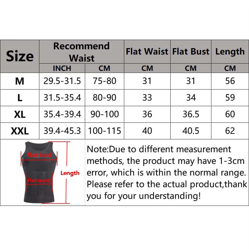 Men’s Slimming Compression Vest Size chart for a tank top with measurement details and a small image of a tank top.