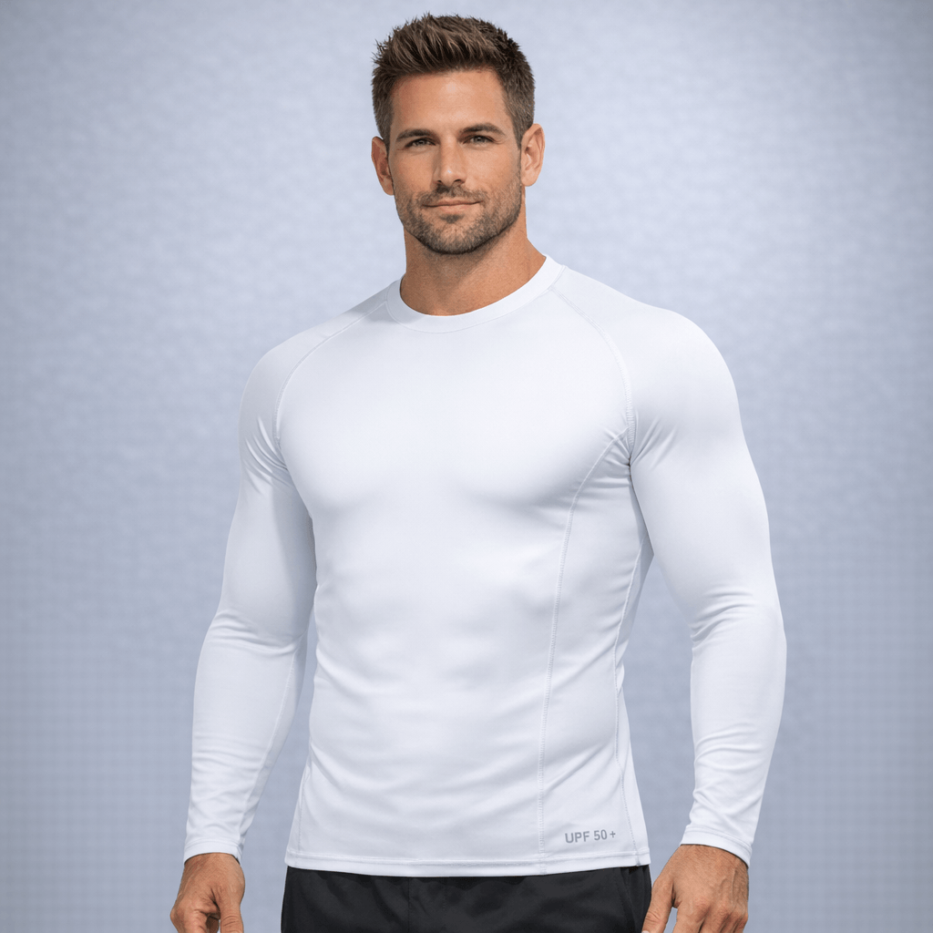 Men's upf 50 long sleeve compression rash guard – Water Sports & Athletic Base Layer Shirt in white.