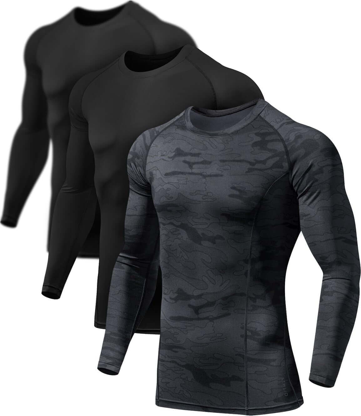 Men's upf 50 long sleeve compression rash guard – Water Sports & Athletic Base Layer Shirt in black and camouflage styles.