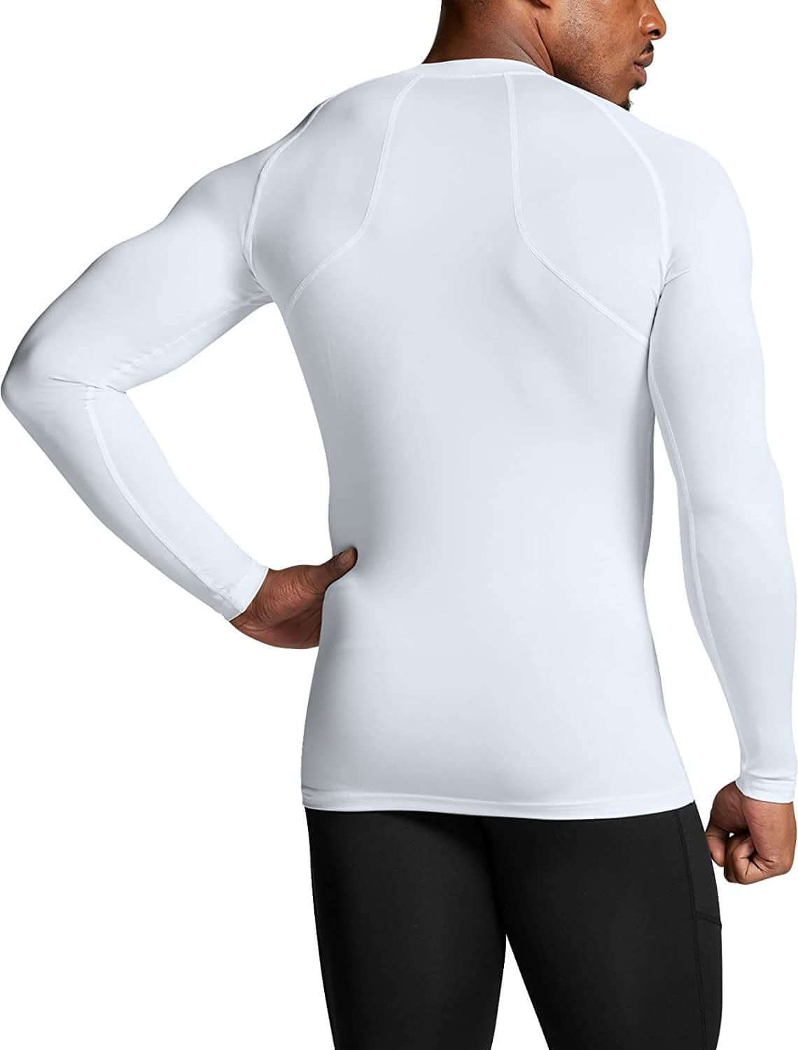 Men's upf 50 long sleeve compression rash guard– Water Sports & Athletic Base Layer Shirt, back view of white shirt.