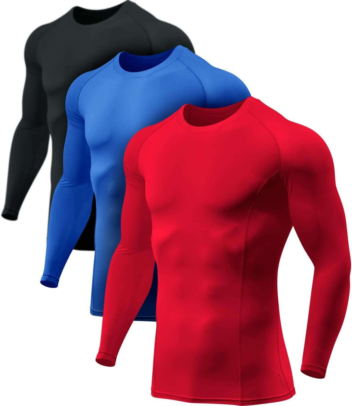 Men's upf 50 long sleeve compression rash guard – Water Sports & Athletic Base Layer Shirt in black, blue, and red colors.
