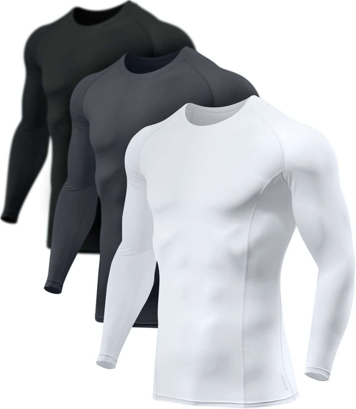 Men's upf 50 long sleeve compression rash guard – Water Sports & Athletic Base Layer Shirt in black, gray, and white.