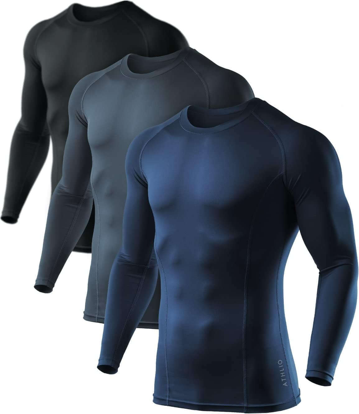Men's upf 50 long sleeve compression rash guard – Water Sports & Athletic Base Layer Shirt in black, grey, and navy.