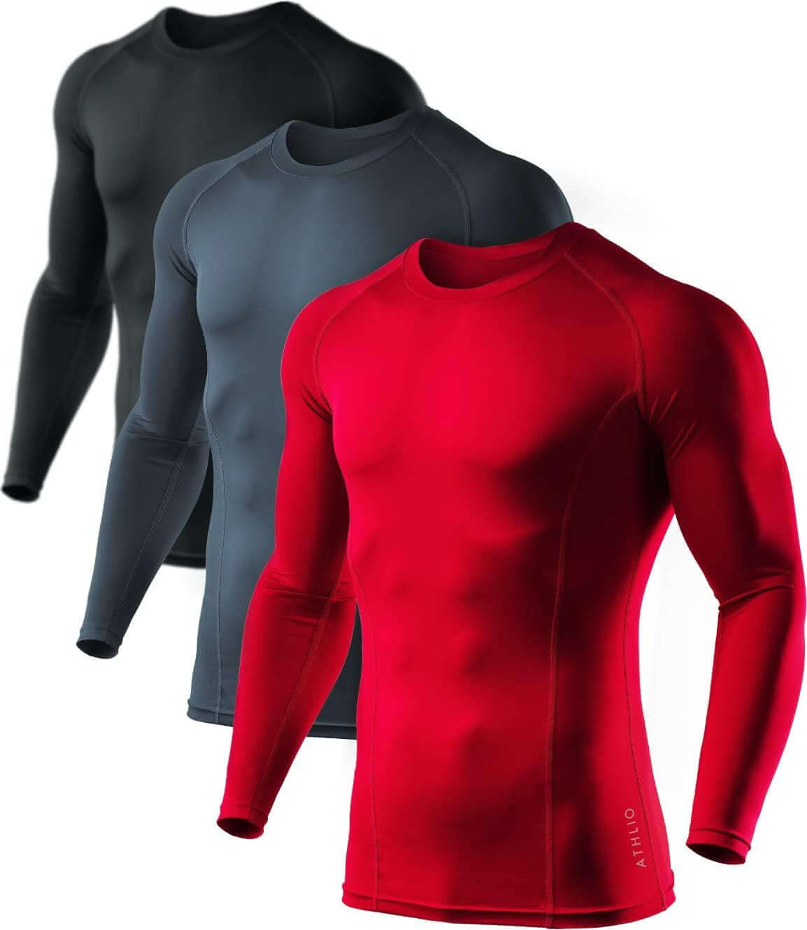 Men's upf 50 long sleeve compression rash guard – Water Sports & Athletic Base Layer Shirt in black, navy, and red.