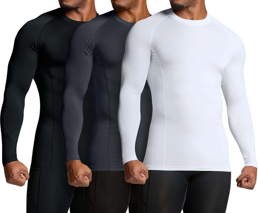 Men's upf 50 long sleeve compression rash guard – Water Sports & Athletic Base Layer Shirt in black, navy, gray, and white.
