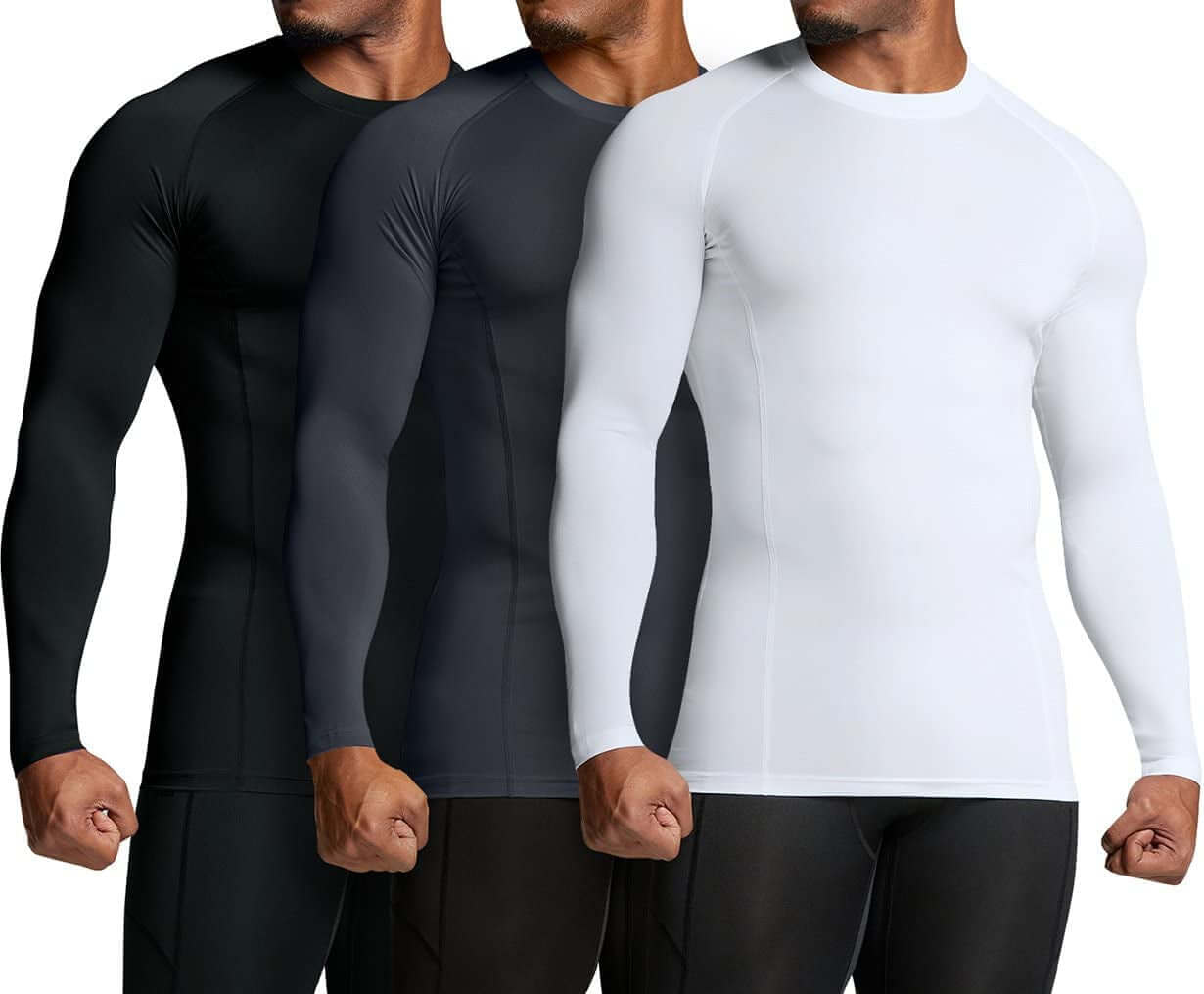 Men's upf 50 long sleeve compression rash guard – Water Sports & Athletic Base Layer Shirt in black, navy, gray, and white.