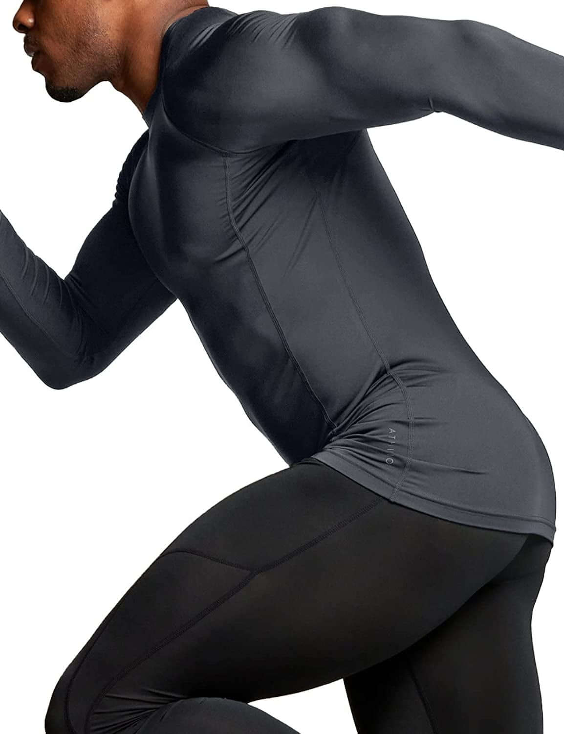 Men's upf 50 long sleeve compression rash guard– Water Sports & Athletic Base Layer Shirt in action during a run.