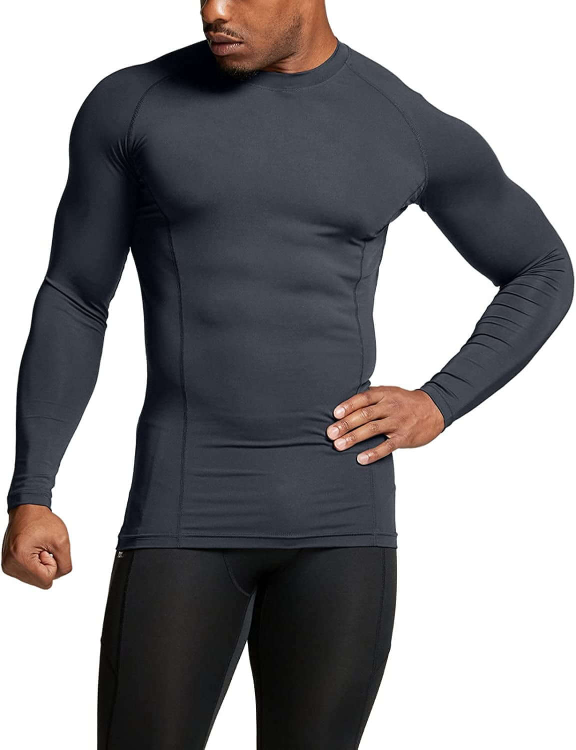 Men's upf 50 long sleeve compression rash guard– Water Sports & Athletic Base Layer Shirt model wearing black shirt