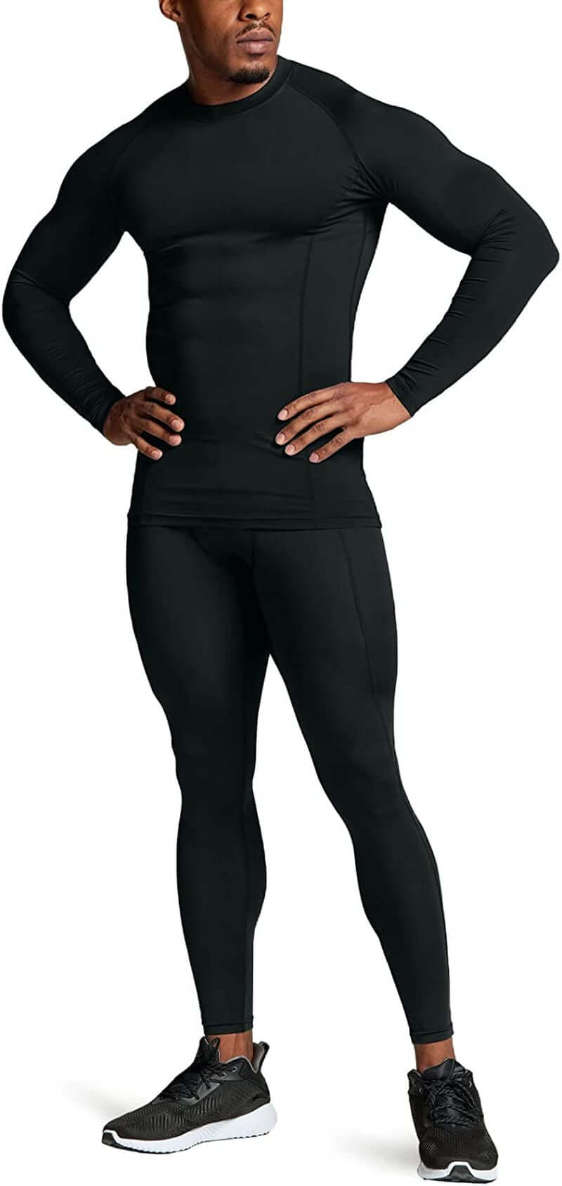 Men's upf 50 long sleeve compression rash guard – Water Sports & Athletic Base Layer Shirt model showcasing black athletic wear.