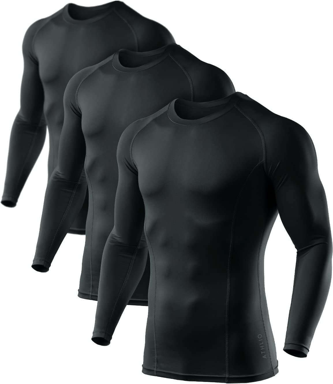 Men's upf 50 long sleeve compression rash guard – Water Sports & Athletic Base Layer Shirt, set of three black shirts.