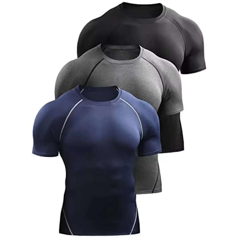 Men's quick-dry performance training compression shirt – Stretch Compression Tee for Running & HIIT in black, navy, and gray colors.