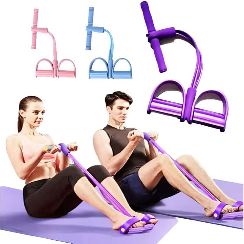 4-Tube Pedal Resistance Band Trainer: with two people using it for a workout in a colorful design.