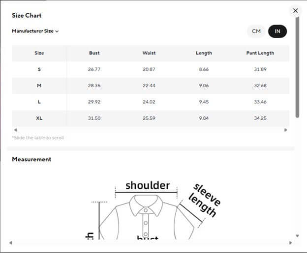 Women’s High-End Yoga Workout Set Size New chart for clothing with measurements in centimeters and inches.