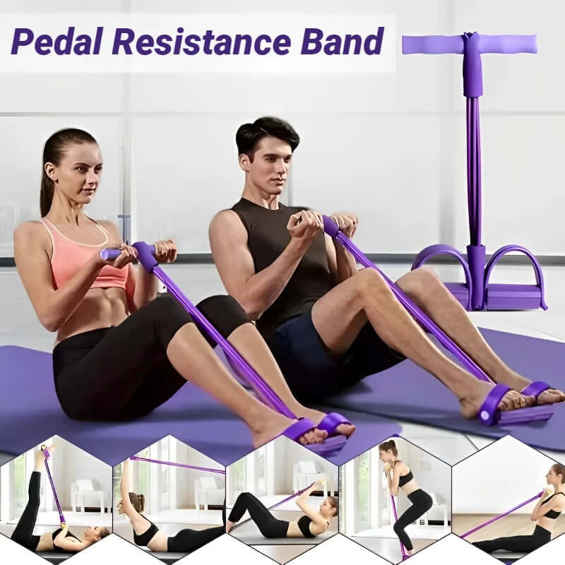4-Tube Pedal Resistance Band Trainer: Two people exercising with the 4-Tube Pedal Resistance Band fitness Trainer for a full-body workout.