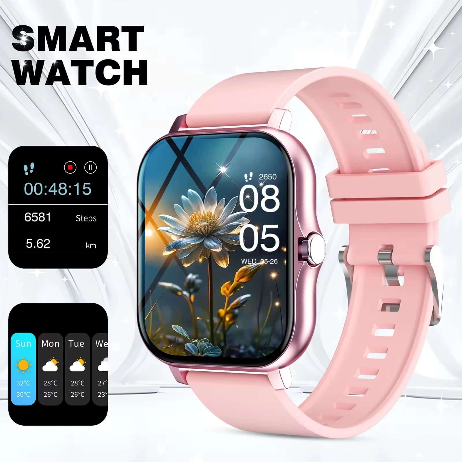 Fitness Smartwatch – Bluetooth Calling, Full Touch Screen, Multi-Sport Tracking with a pink strap and vibrant display.