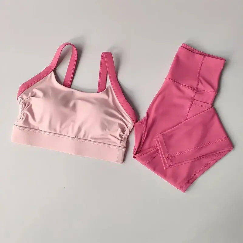 Women’s High-End Yoga Workout Set Fitness Set Sportswear Gym Clothing Set with Sports Pink Bra and Pink Leggings Set