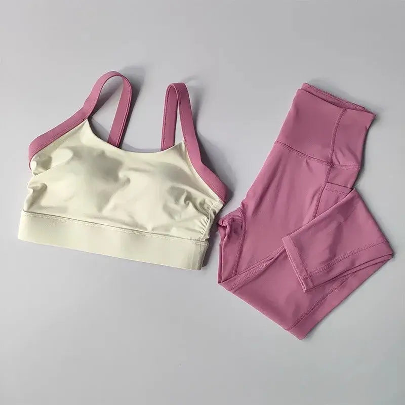 Women’s High-End Yoga Workout Set Pink sports bra and leggings set on a gray background