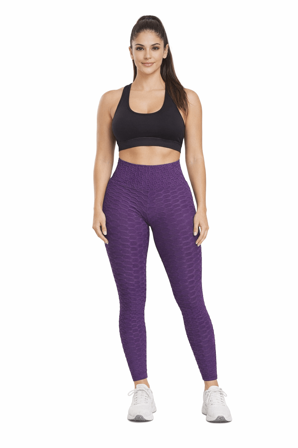 Women's Seamless Bubble Leggings – High-Waist Gym & Yoga Leggings in textured purple design, displayed by model.