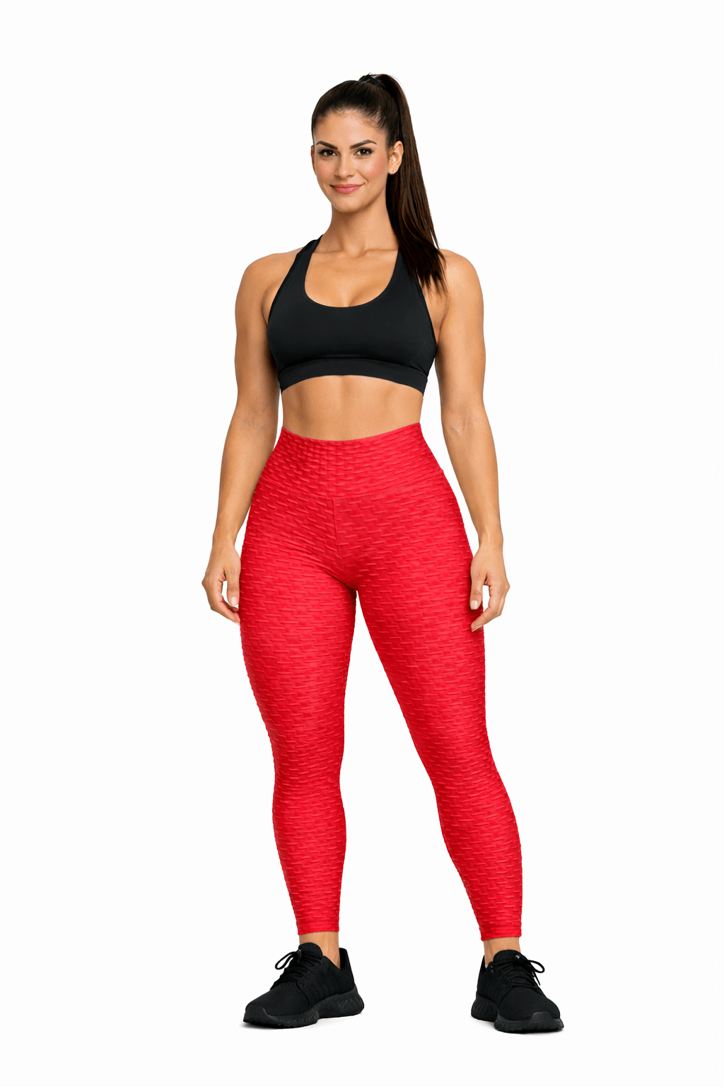 Women's Seamless Bubble Leggings – High-Waist Gym & Yoga Leggings model wearing red seamless leggings and black sports bra.