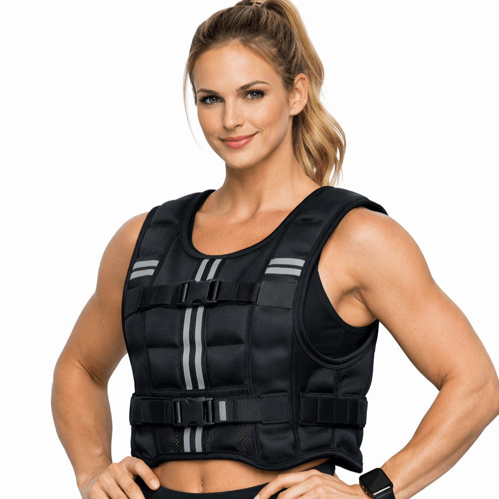 Adjustable Weighted Training Vest for Running & Strength for Men & Women – Adjustable Load Training Vest for Running & Strength, worn by a fit woman.