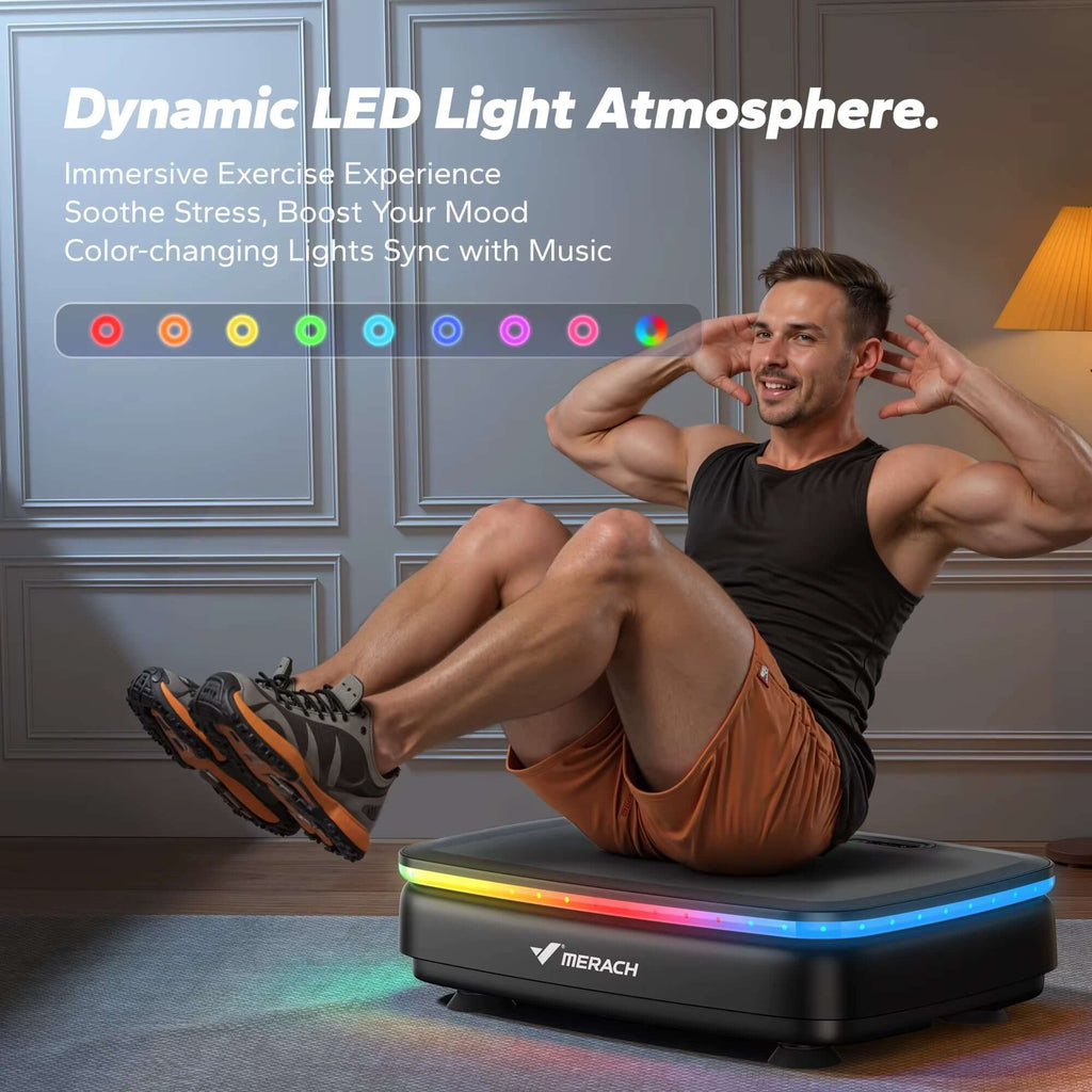 Vibration Plate Exercise Machine – Full-Body Fitness Platform with Resistance Bands used in dynamic LED light atmosphere.