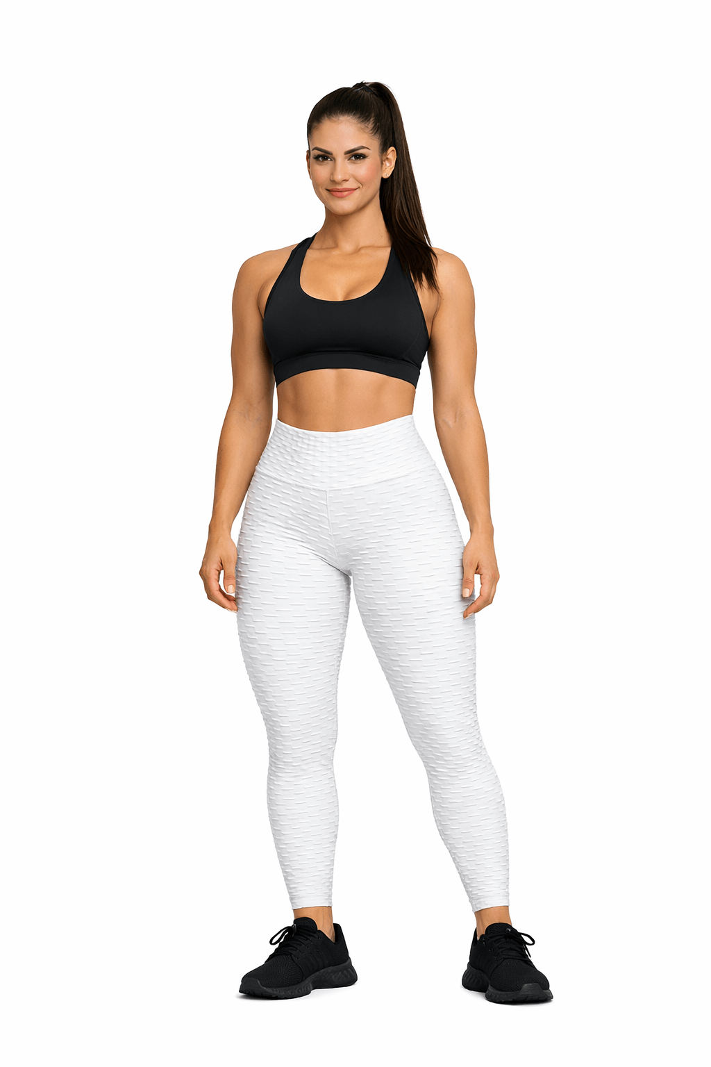 Woman in black sports bra and white Women's Seamless Bubble Leggings – High-Waist Gym & Yoga Leggings, showcasing fitness style.
