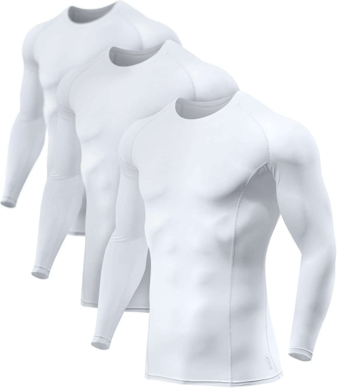 Men's upf 50 long sleeve compression rash guard– Water Sports & Athletic Base Layer Shirt in white, showcasing three designs.