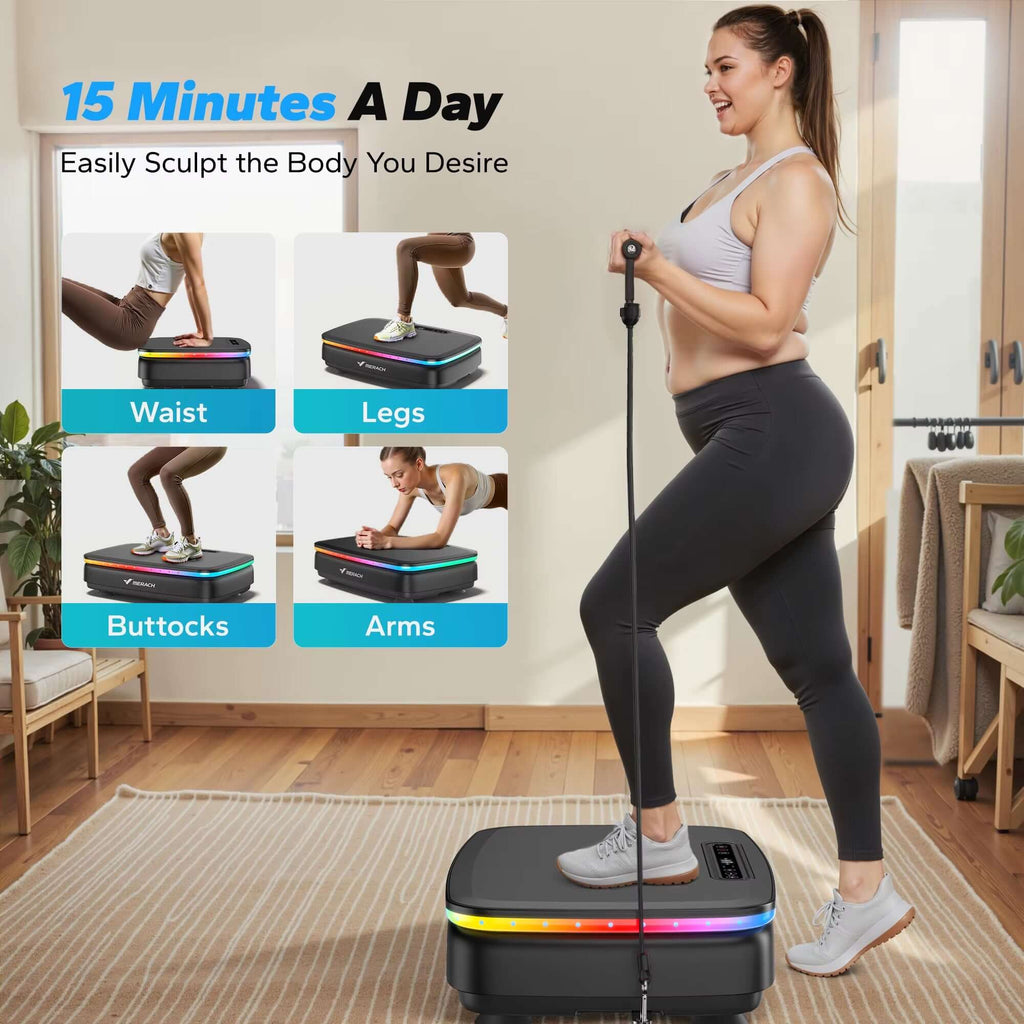 Vibration Plate Exercise Machine – Full-Body Fitness Platform with Resistance Bands in use for full-body workouts.