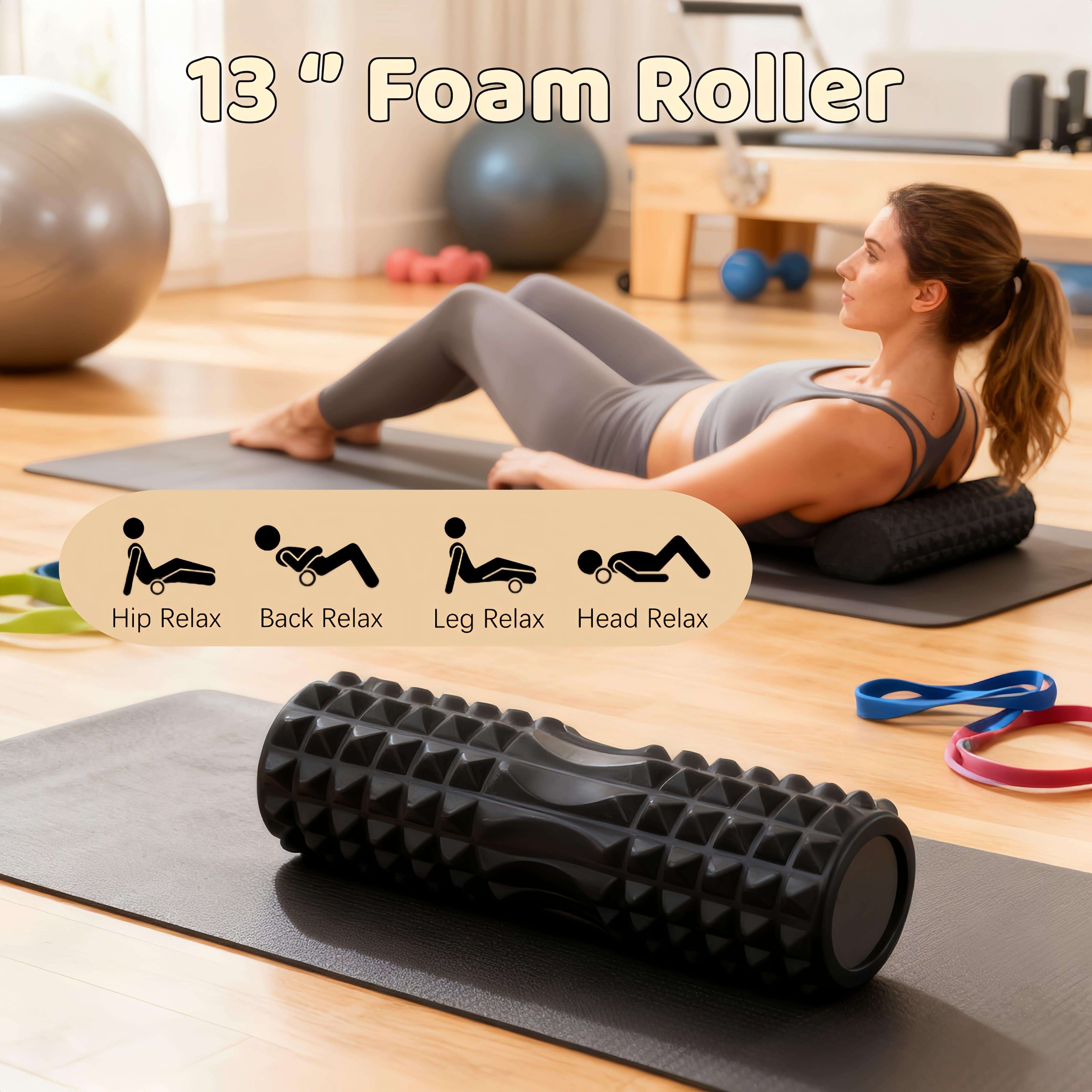 High-Density 5-in-1 Foam Roller Set - Complete Active Recovery System for Whole Body in use with relaxation exercises.