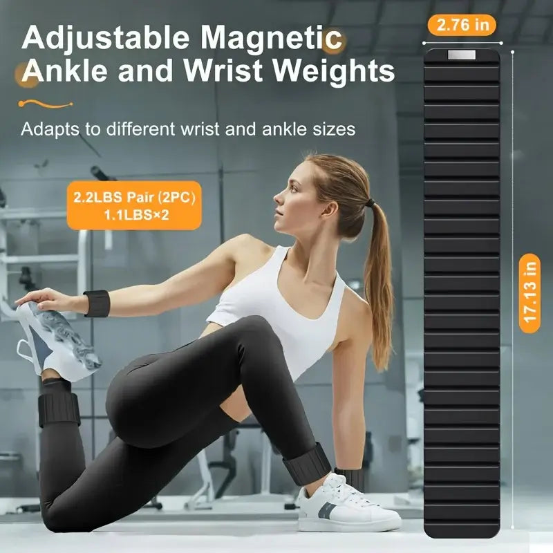 Magnetic Wrist & Ankle Weights 1kg 2.2 lbs. Woman exercising with adjustable magnetic ankle and wrist weights in a gym setting