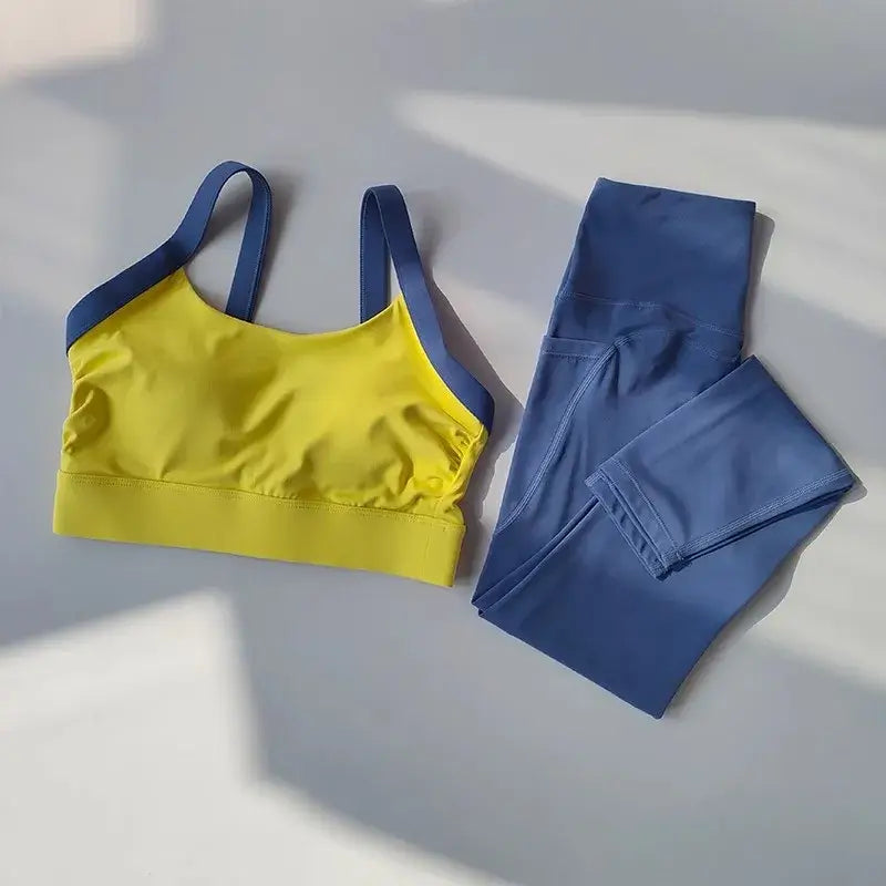 Women’s High-End Yoga Workout Set Fitness Set Sportswear Gym Clothing Set with Sports Yellow Bra and Blue Leggings Set