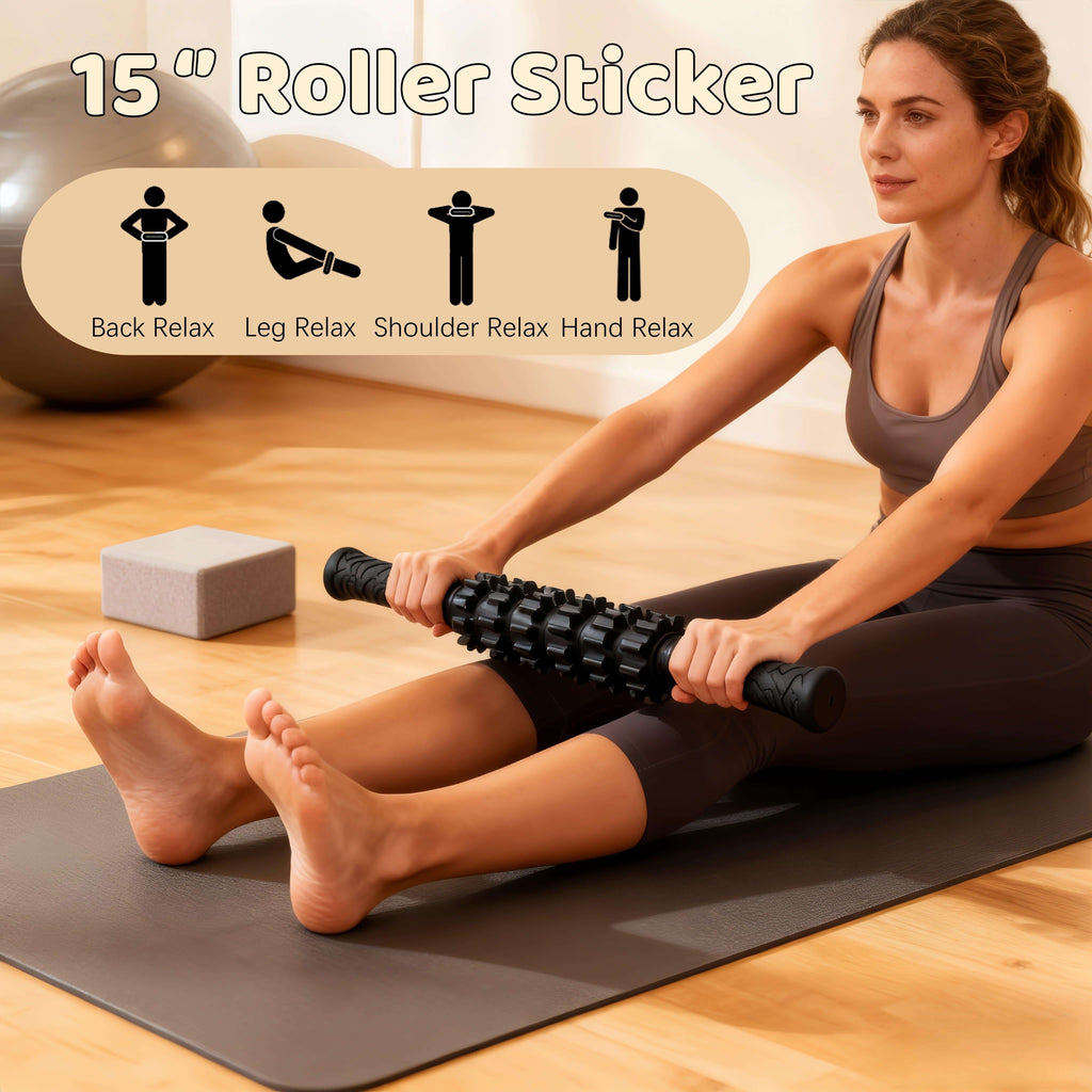 High-Density 5-in-1 Foam Roller Set - Complete Active Recovery System for Whole Body, being used by a Yoga Instructor for relaxation, and showing how to properly utilize its benefits