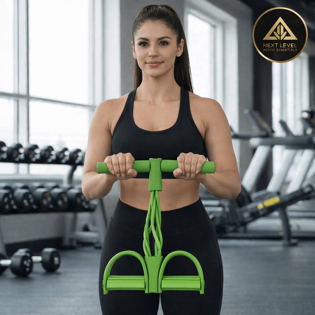 4-Tube Pedal Resistance Band Trainer being shown by a yoga instructor using a 4-Tube Pedal Resistance Band Fitness Trainer in the gym for a full-body workout.