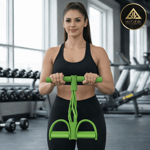 4-Tube Pedal Resistance Band Trainer being shown by a yoga instructor using a 4-Tube Pedal Resistance Band Fitness Trainer in the gym for a full-body workout.