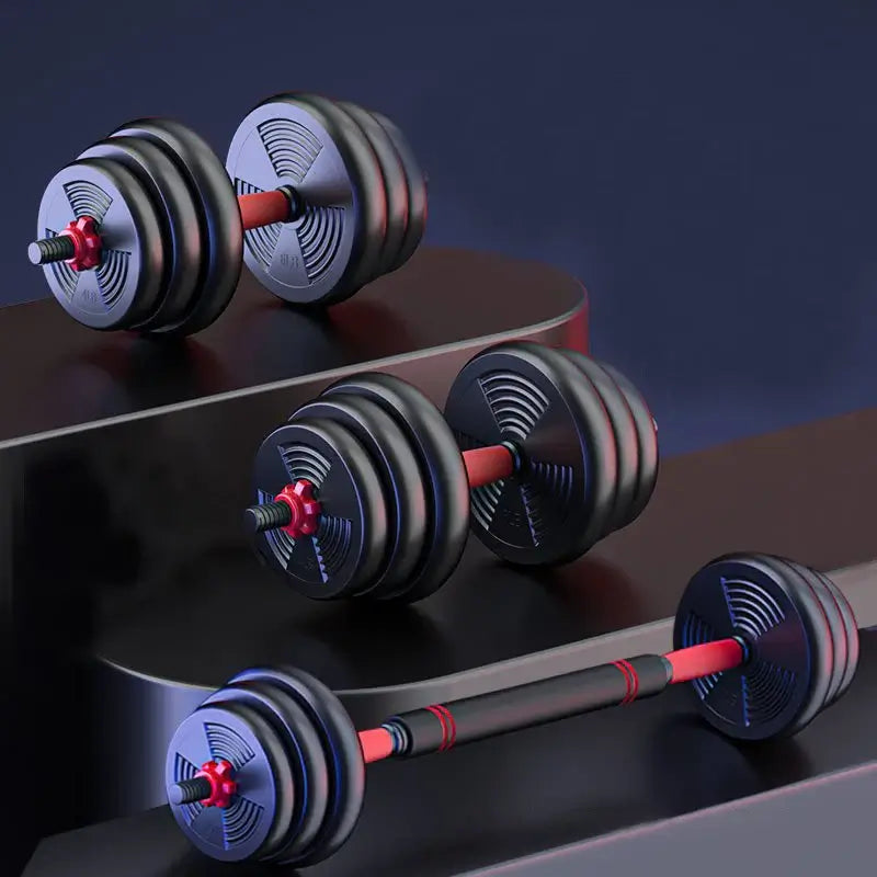 5-44 lbs. Adjustable Dumbbell to Barbell Set: A set of adjustable dumbbells on a reflective surface with a dark background