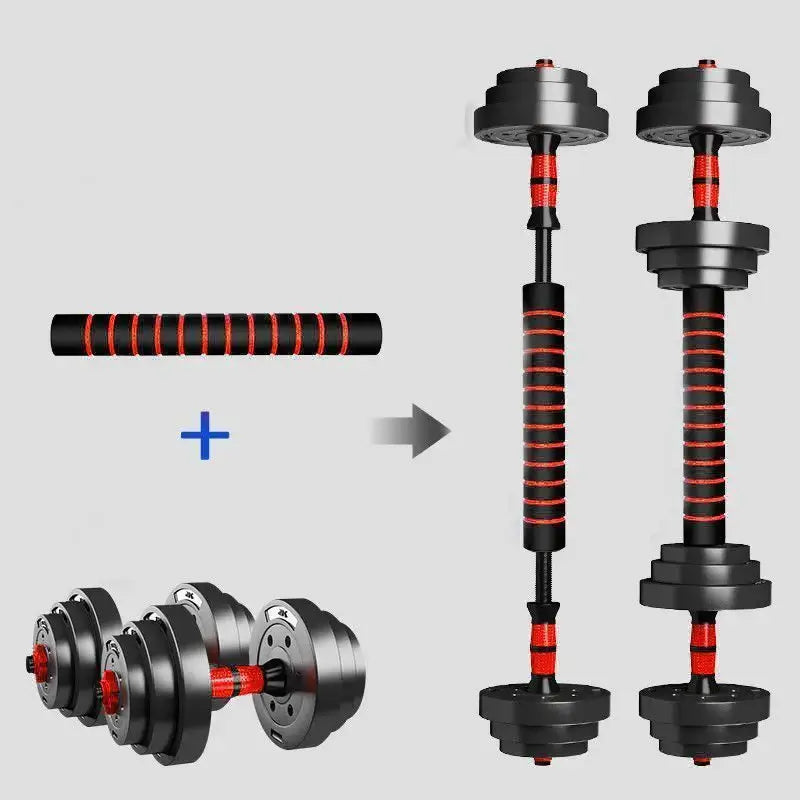 5-44 lbs. Adjustable Dumbbell to Barbell Set Adjustable dumbbells with a barbell handle on a light gray background