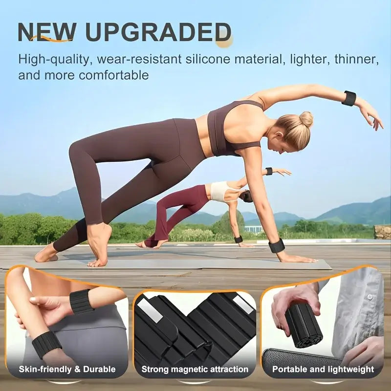 Magnetic Wrist & Ankle Weights 1kg 2.2 lbs. Woman exercising outdoors with a magnetic resistance band, highlighting features like high-quality material and portable design.