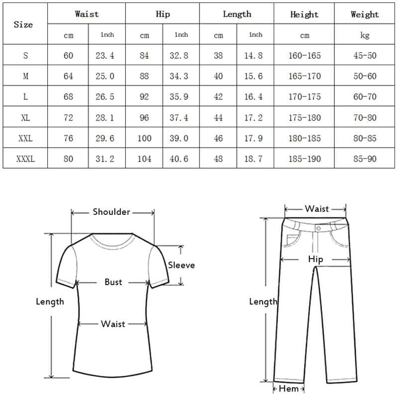 Size chart for Men's Recovery Compression Tights, featuring waist, hip, length, height, and weight measurements.