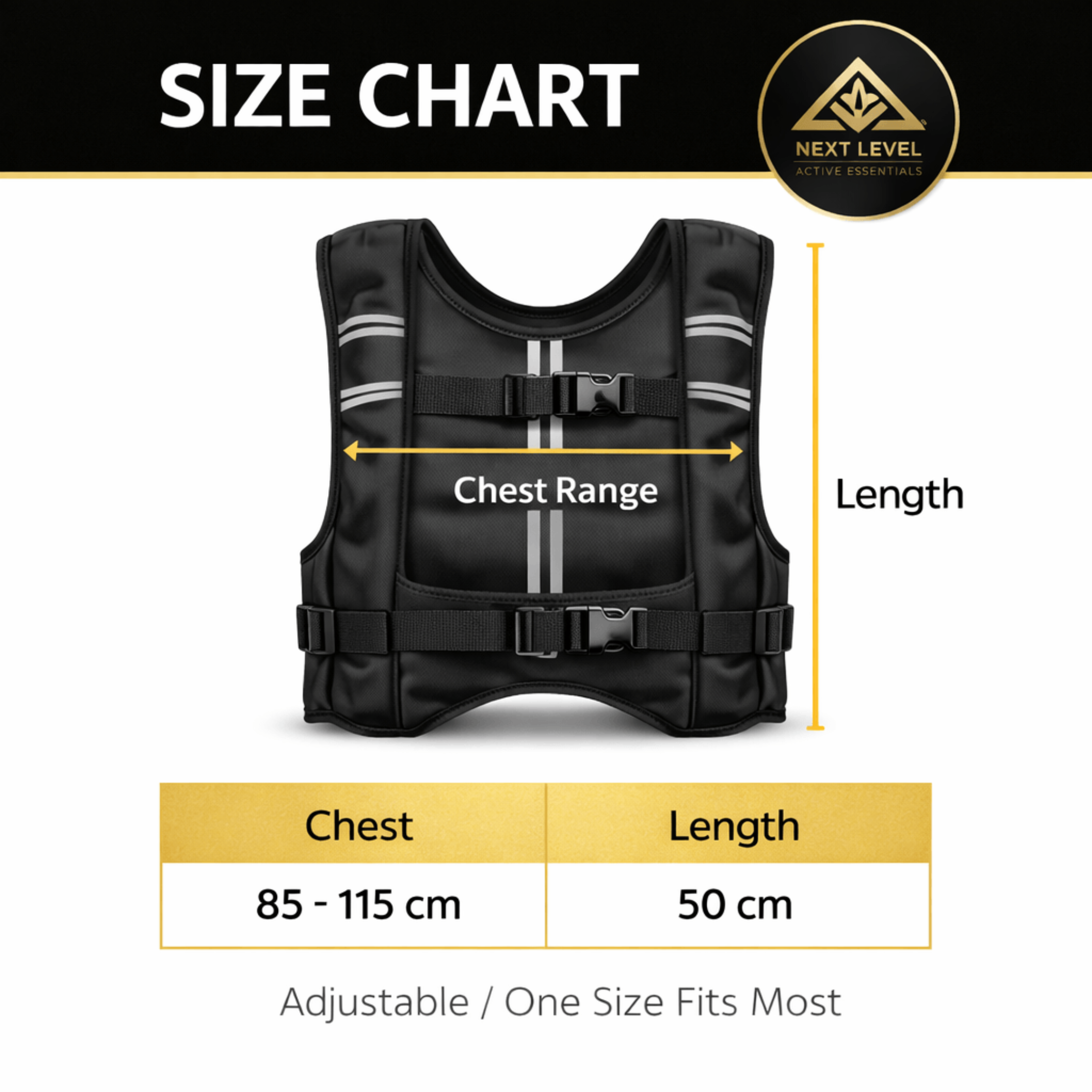Adjustable Weighted Training Vest for Running & Strength Size chart for Men & Women – Adjustable Load Training Vest for Running & Strength showing chest and length 
