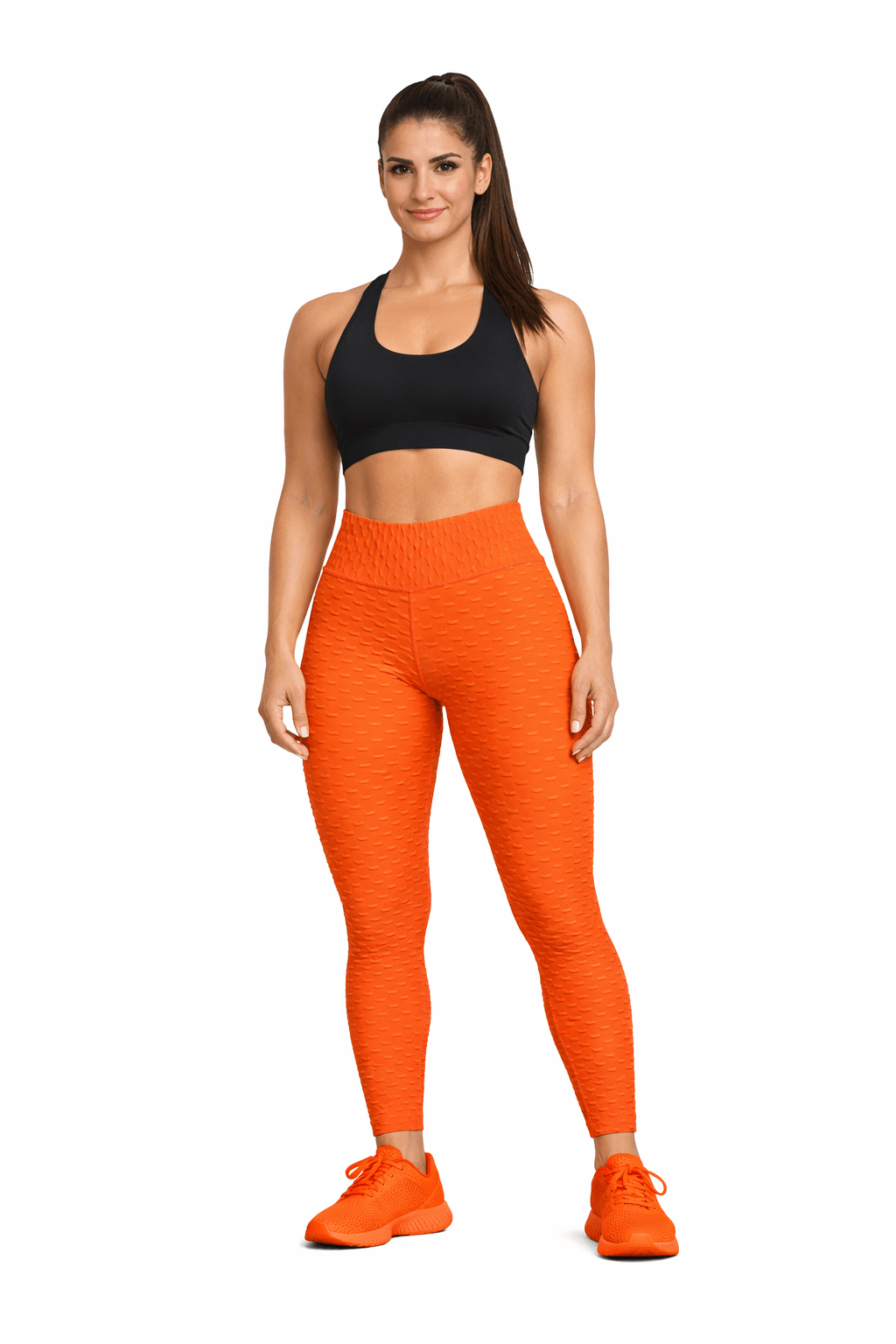 Women's Seamless Bubble Leggings – High-Waist Gym & Yoga Leggings in vibrant orange worn by model with black sports bra.