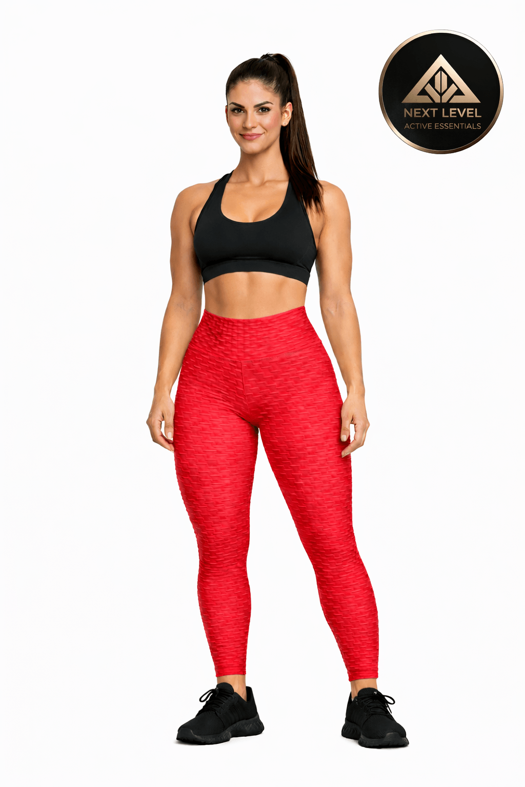 Women's Seamless Bubble Leggings – High-Waist Gym & Yoga Leggings in bright red, styled with a black sports bra.