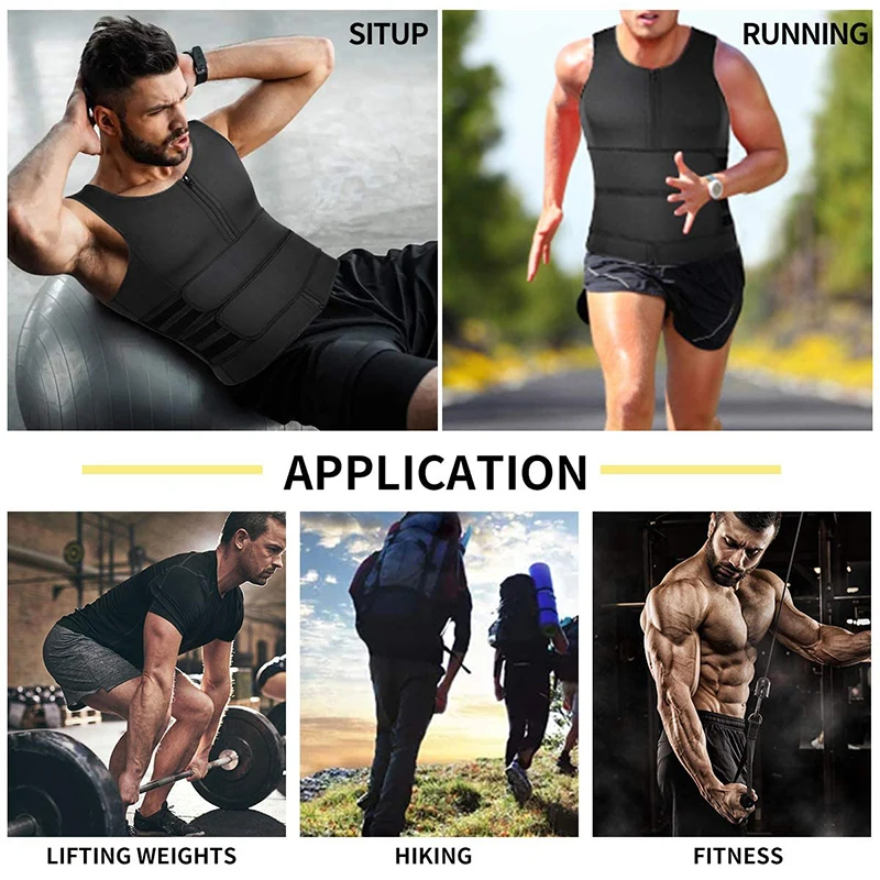 Neoprene Men's Shapers Sweat Vest for Men shown in different workout scenarios: situp, running, lifting weights, hiking, fitness.