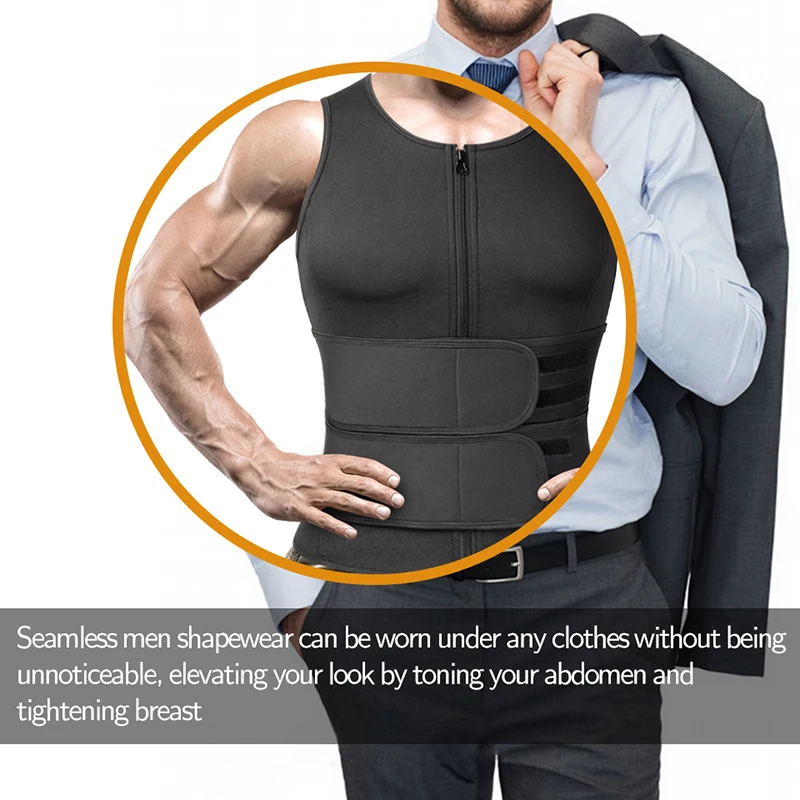 Neoprene Men's Shapers Sweat Vest for Men worn under a suit enhancing abdominal toning and providing comfort.