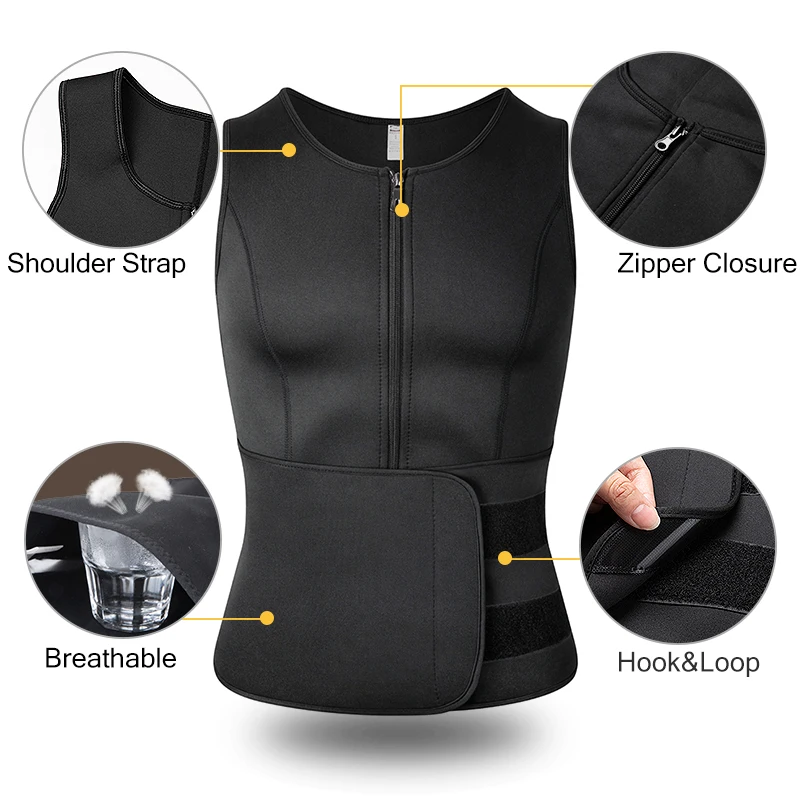 Neoprene Men's Shapers Sweat Vest for Men with shoulder strap, zipper closure, and breathable design.