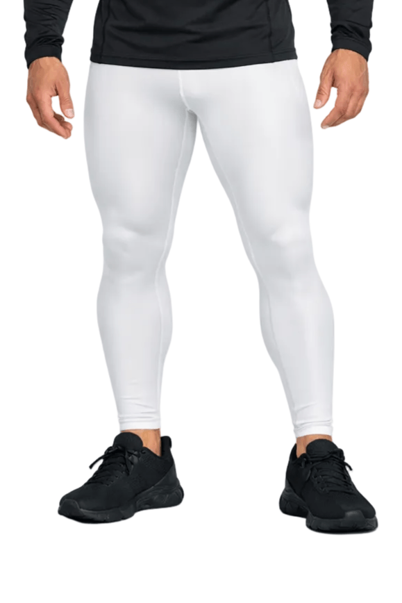 Men's Recovery Compression Tights – Quick-Dry Running Tights & Workout Leggings in white color on model.