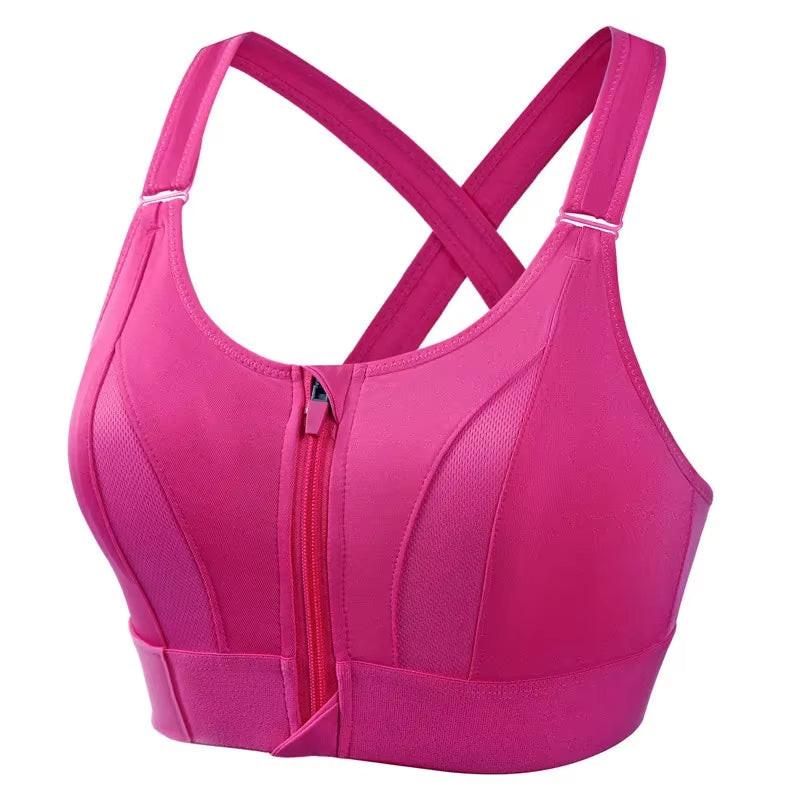 Front-Zip High-Impact Sports Bra – Adjustable Support for Active Women in vibrant pink color with front zipper.