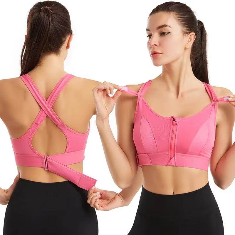 Front-Zip High-Impact Sports Bra – Adjustable Support for Active Women in pink, showing front zipper and adjustable straps.