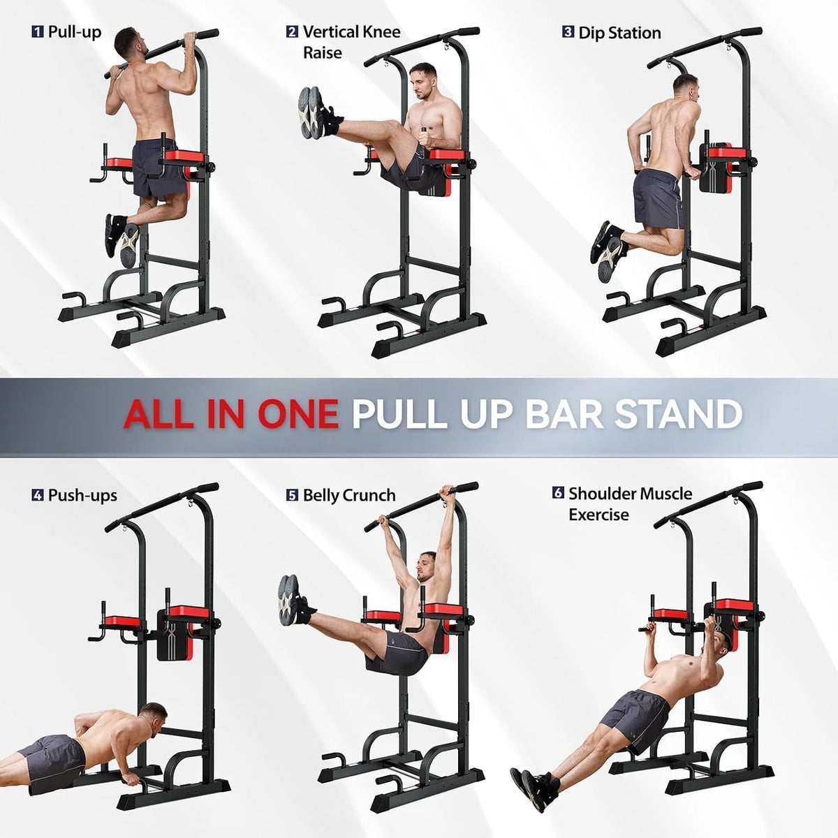 Heavy-duty 450LB Power Tower Pull-Up & Dip Station Home Gym exercise demonstration collage.