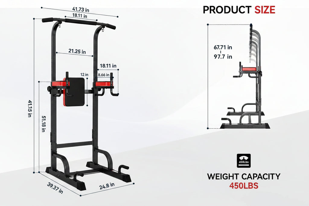 Heavy-duty 450LB Power Tower Pull-Up & Dip Station Home Gym dimensions and weight capacity illustration.